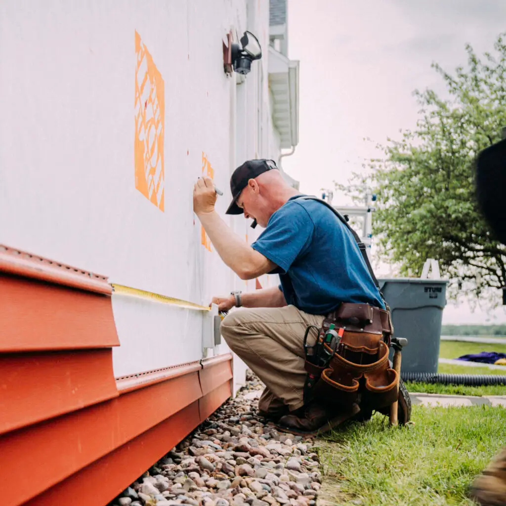 mammoth home renovations team member installing new red exterior siding on a home