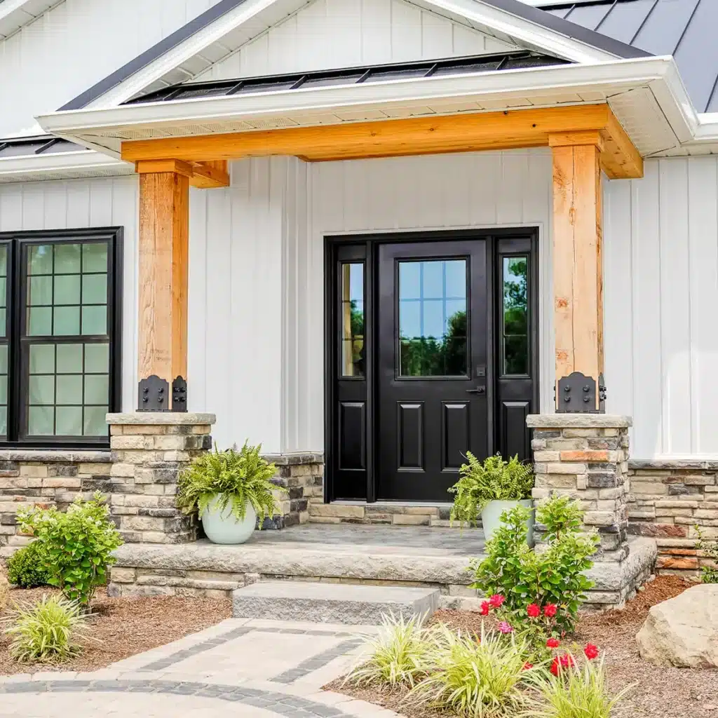 Black exterior door of a home with 2 matching side panels next to the door. The door is accented by some stained oak pillars in the entry way.