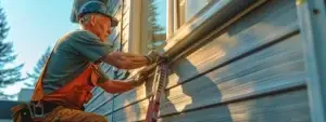 contractor measuring and cutting siding to fit around window.